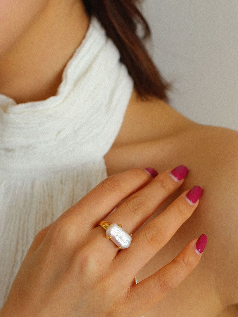 Rectangular Baroque Pearl Open Ring-Gembea Jewelry