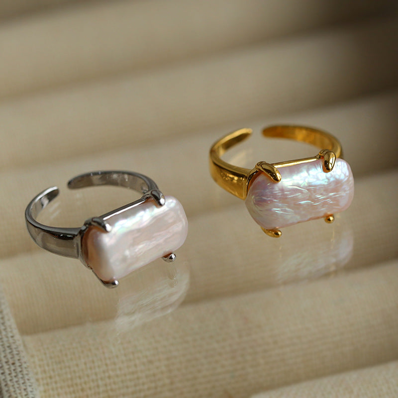Rectangular Baroque Pearl Open Ring-Gembea Jewelry