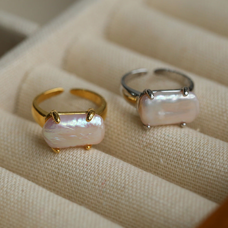 Rectangular Baroque Pearl Open Ring-Gembea Jewelry