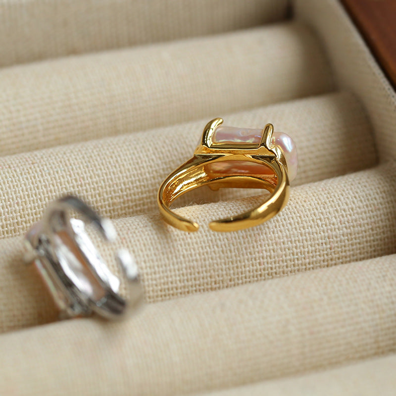Rectangular Baroque Pearl Open Ring-Gembea Jewelry