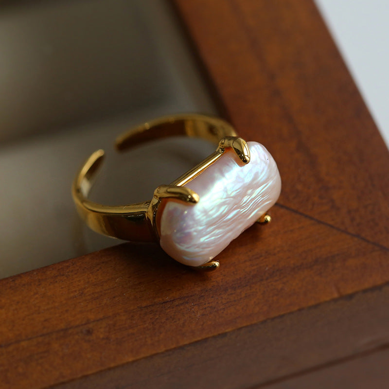 Rectangular Baroque Pearl Open Ring-Gembea Jewelry