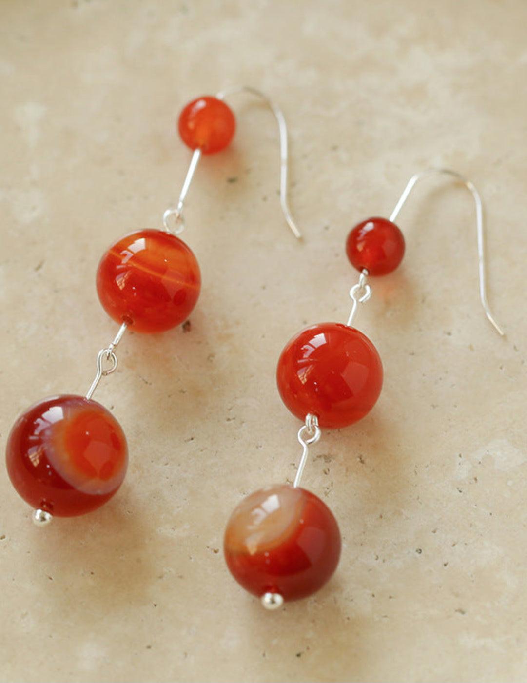 Red and Black Agate S925 Silver Hook Earrings - Gembea Jewelry