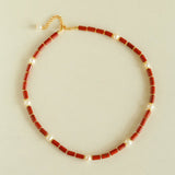 Red Stone Pearl Beaded Necklace gembea jewelry