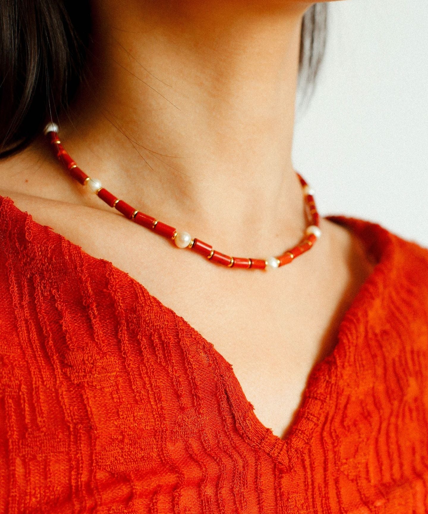 Red Stone Pearl Beaded Necklace gembea jewelry