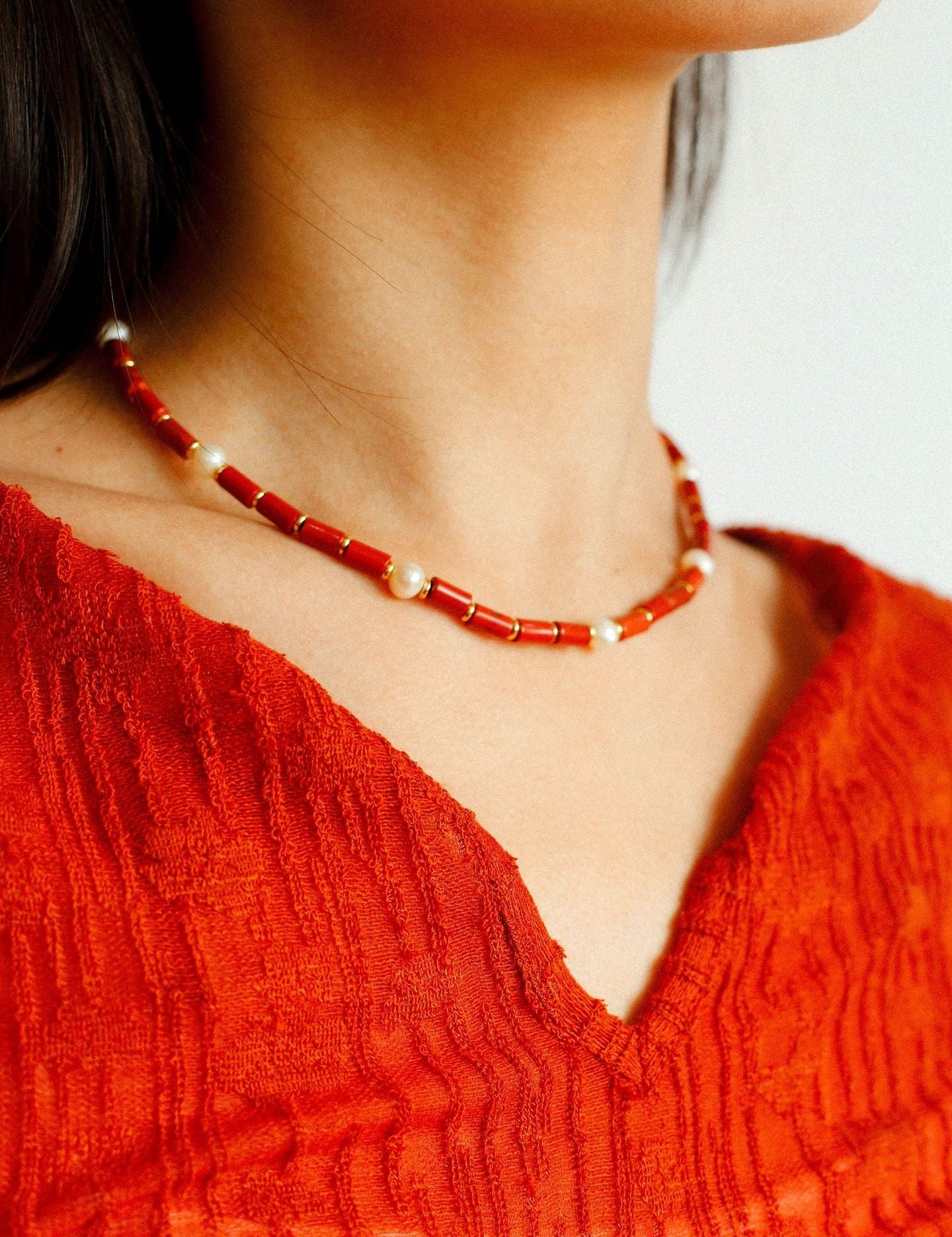 Red Stone Pearl Beaded Necklace gembea jewelry