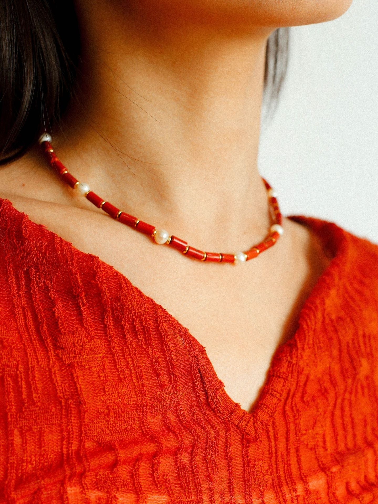 Red Stone Pearl Beaded Necklace gembea jewelry