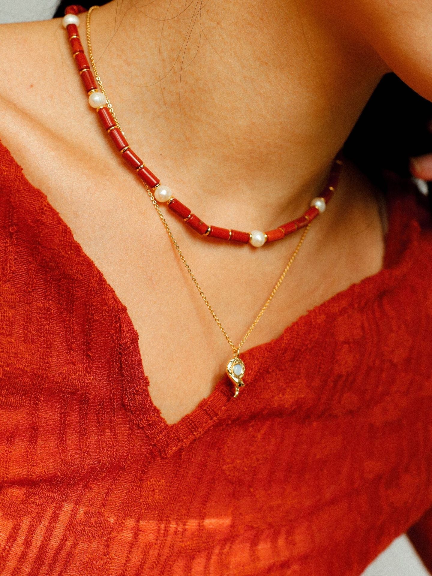 Red Stone Pearl Beaded Necklace gembea jewelry