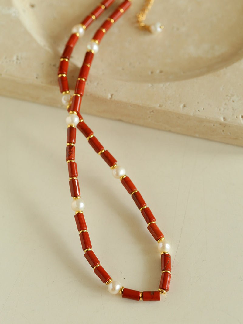 Red Stone Pearl Beaded Necklace gembea jewelry