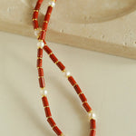 Red Stone Pearl Beaded Necklace gembea jewelry