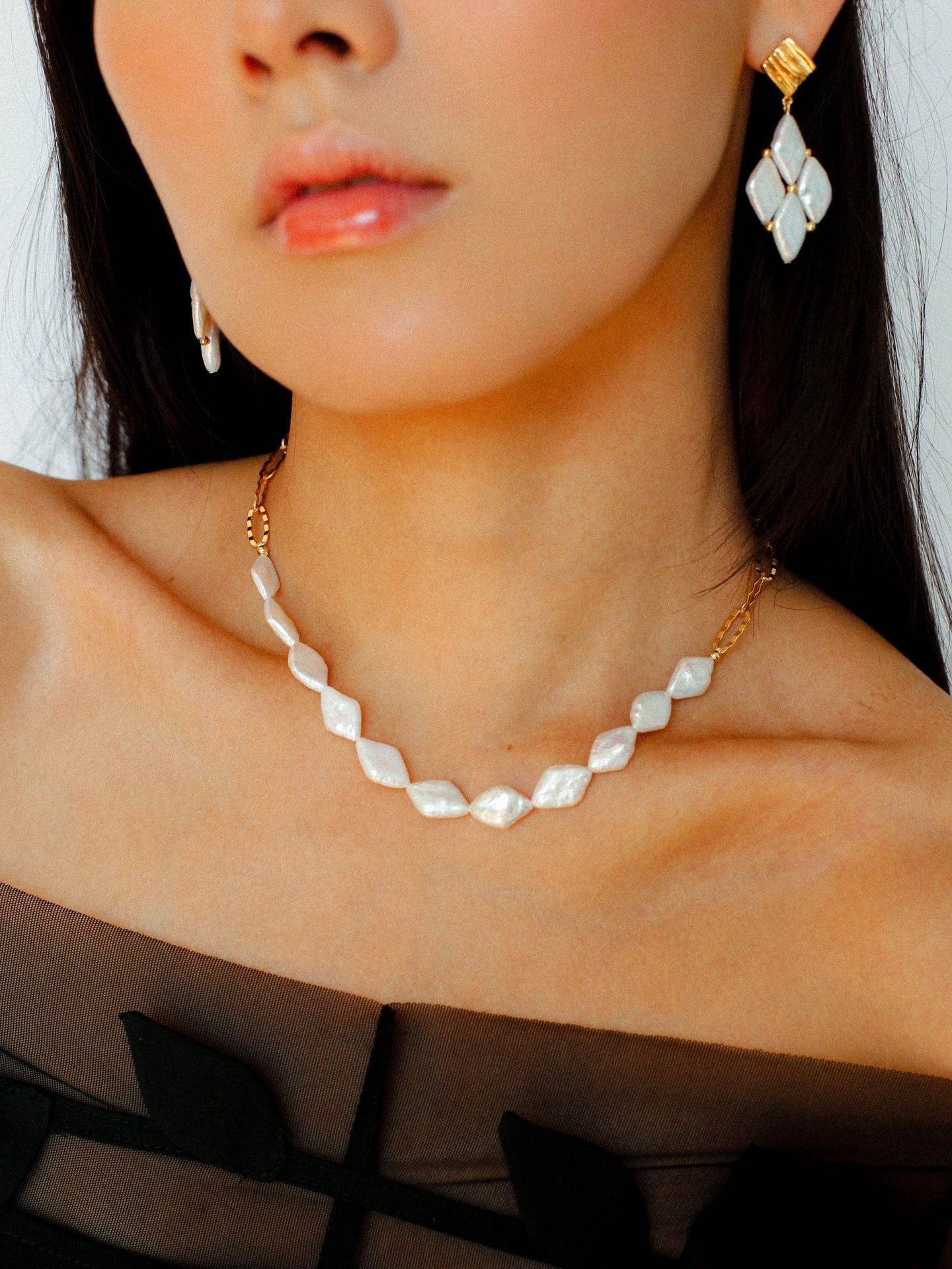 Rhombus Baroque Pearl Drop Earrings gembea jewelry