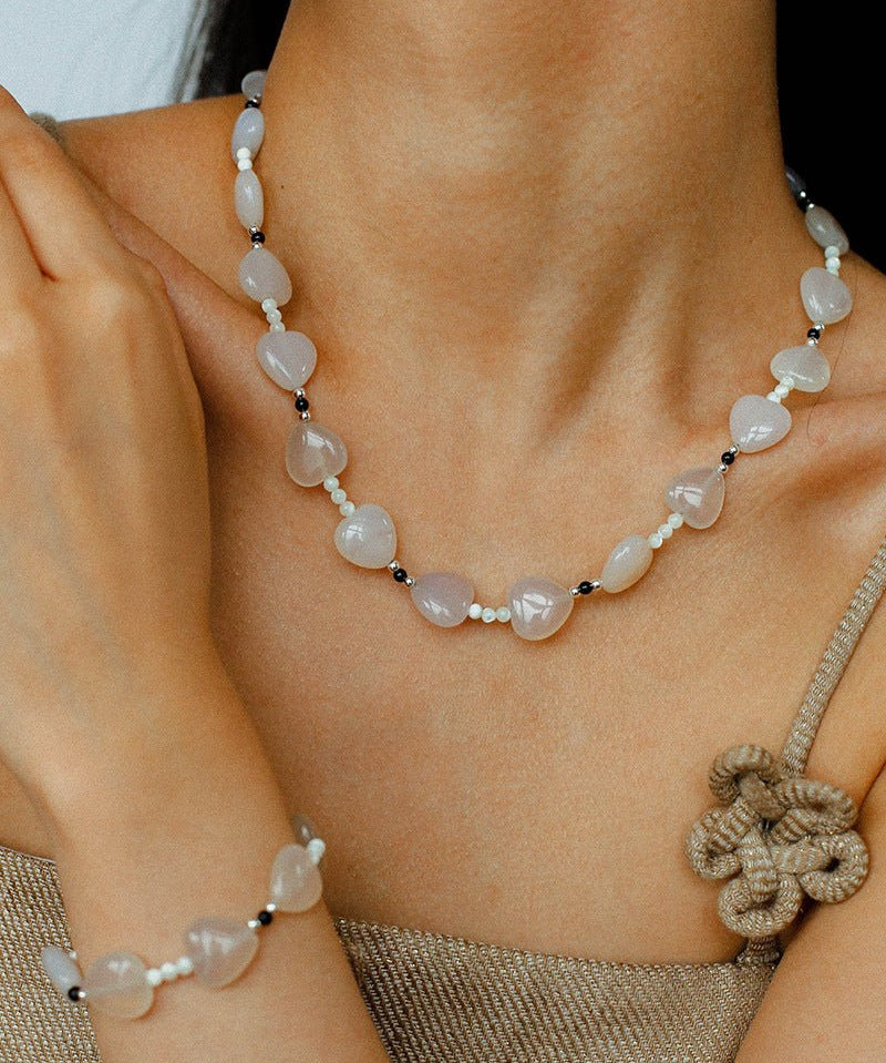 Romantic Heart-Shaped White Agate Beaded Necklace gembea jewelry