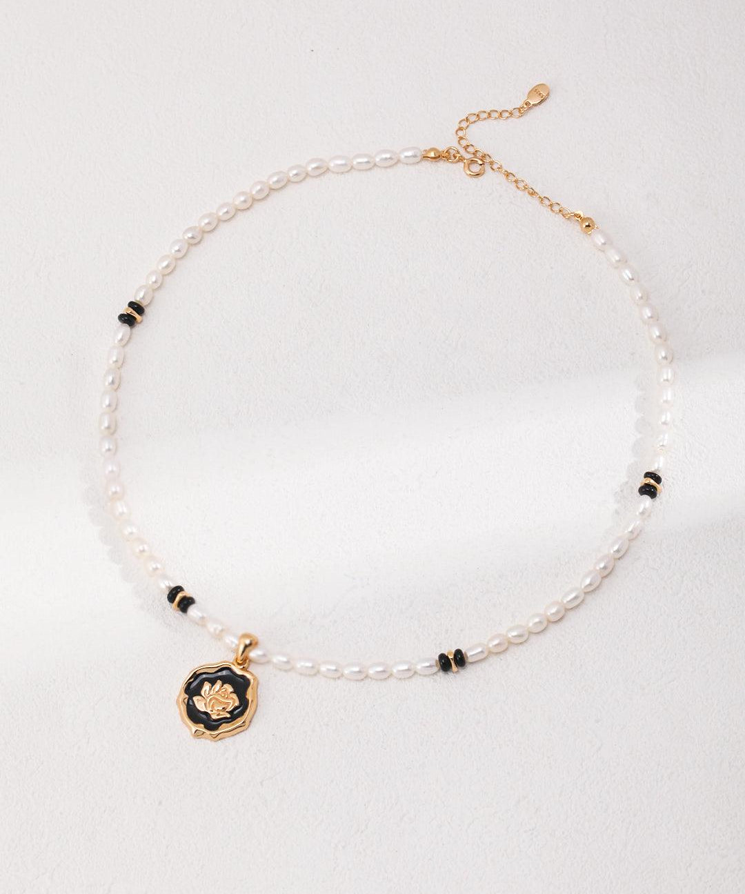 Rose Flower Pendant Black Agate Pearl Necklace - Gembea Jewelry