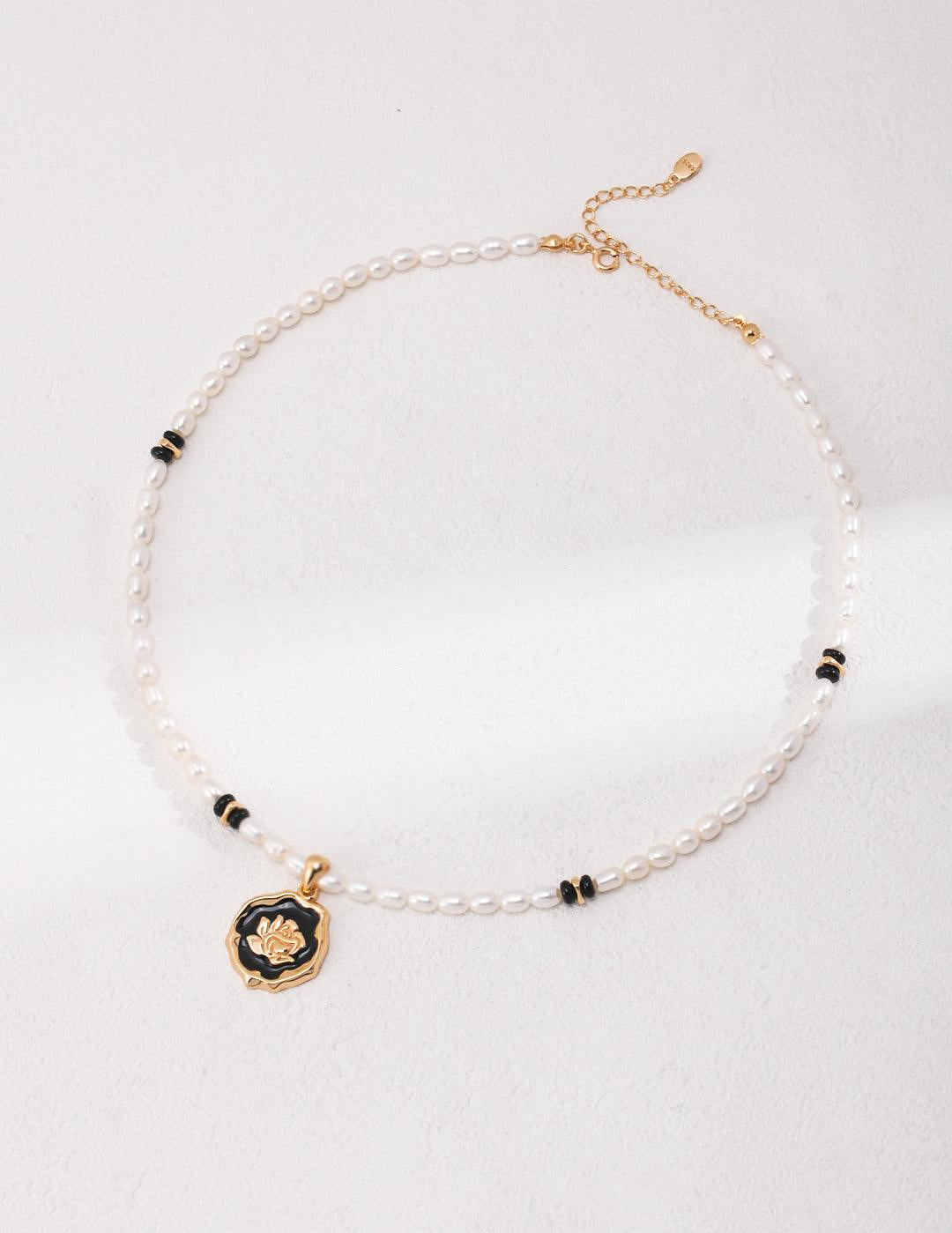 Rose Flower Pendant Black Agate Pearl Necklace - Gembea Jewelry