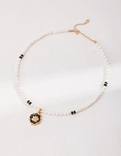Rose Flower Pendant Black Agate Pearl Necklace - Gembea Jewelry