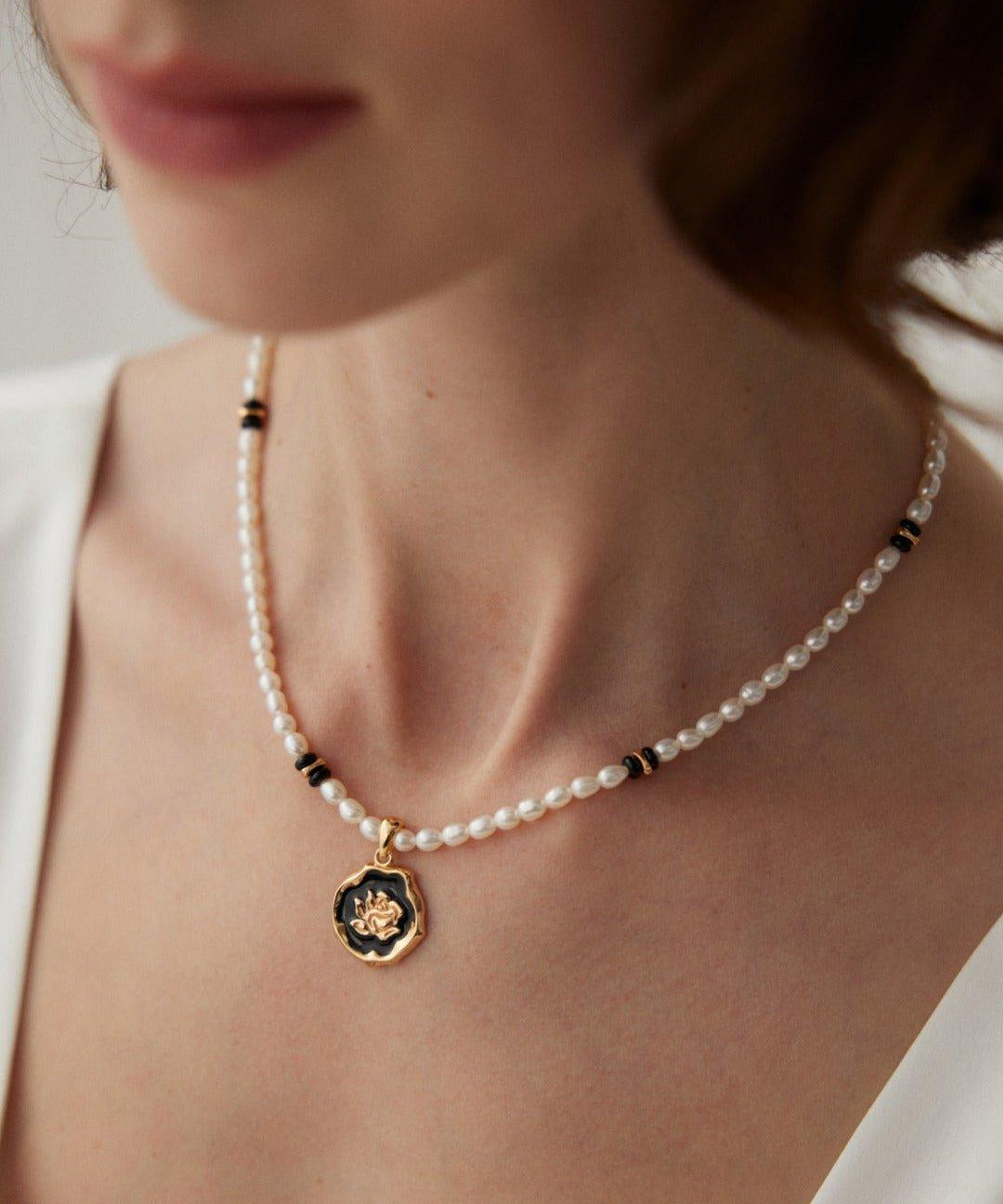 Rose Flower Pendant Black Agate Pearl Necklace - Gembea Jewelry