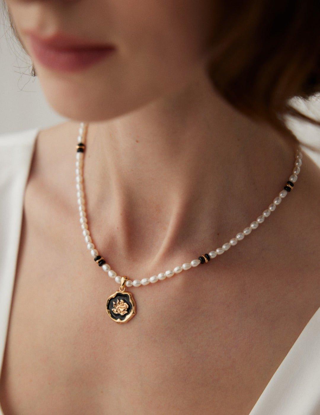 Rose Flower Pendant Black Agate Pearl Necklace - Gembea Jewelry