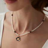 Rose Flower Pendant Black Agate Pearl Necklace - Gembea Jewelry