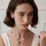 Rose Flower Pendant Black Agate Pearl Necklace - Gembea Jewelry