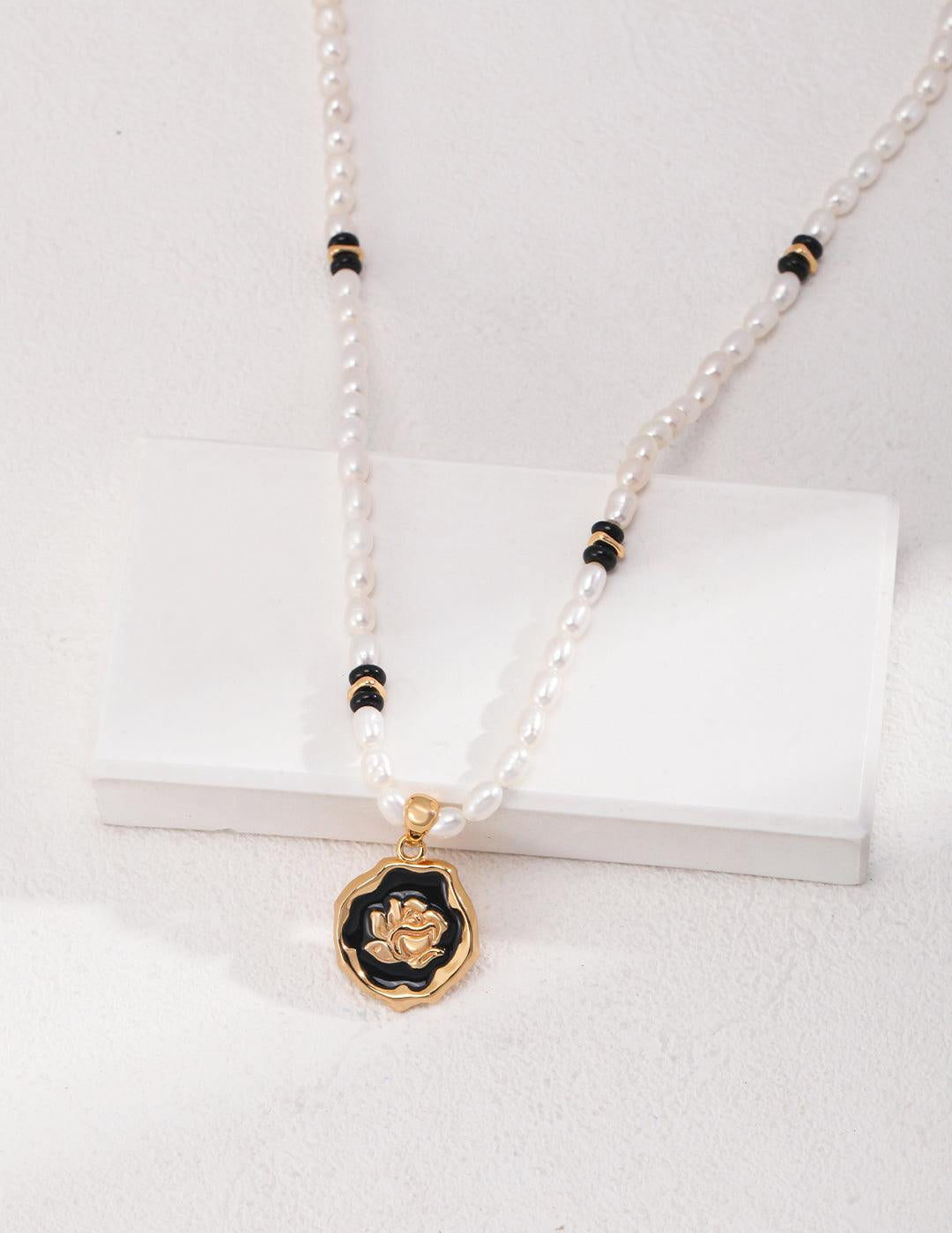 Rose Flower Pendant Black Agate Pearl Necklace - Gembea Jewelry