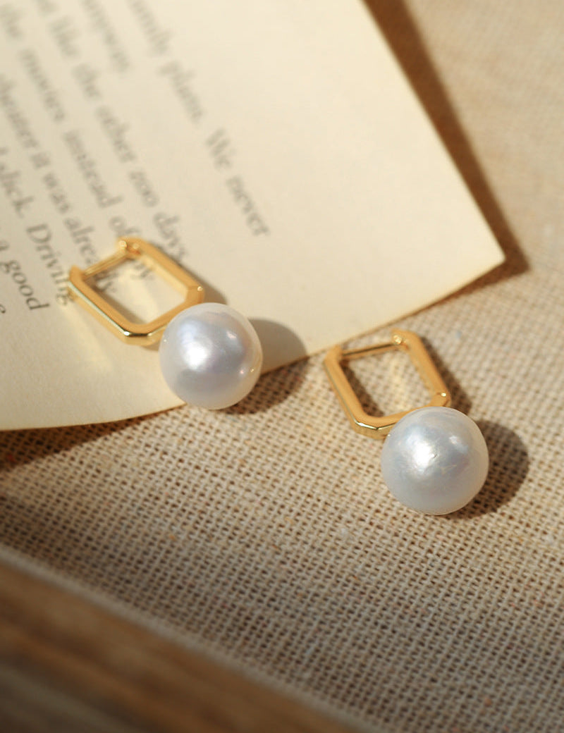 Round Baroque Pearl Square Hoops Earrings