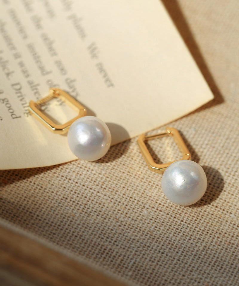 Round Baroque Pearl Square Hoops Earrings