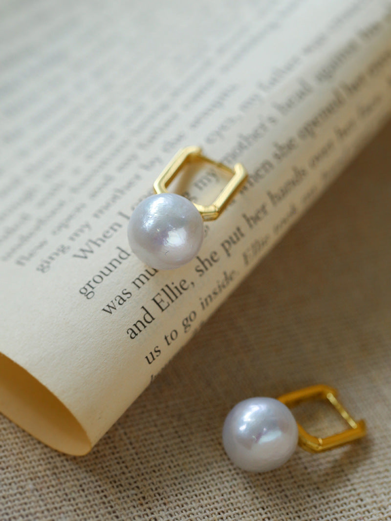 Round Baroque Pearl Square Hoops Earrings gembea jewelry
