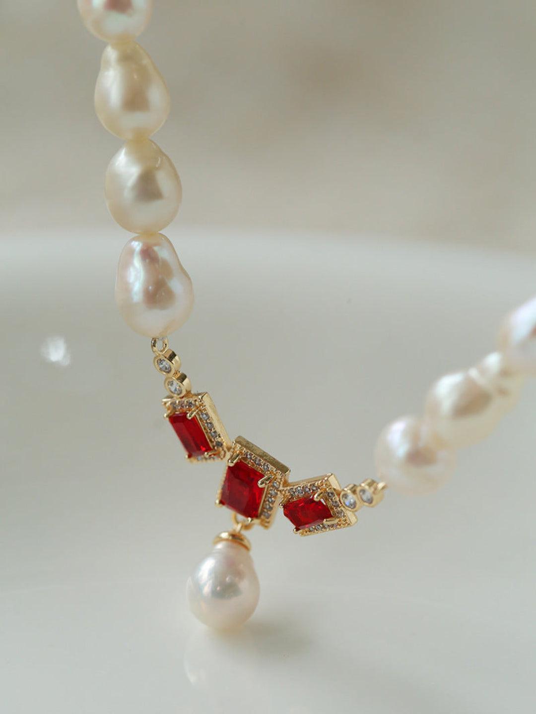 Ruby Zircon Drop Pearl Beaded Necklace - Gembea Jewelry