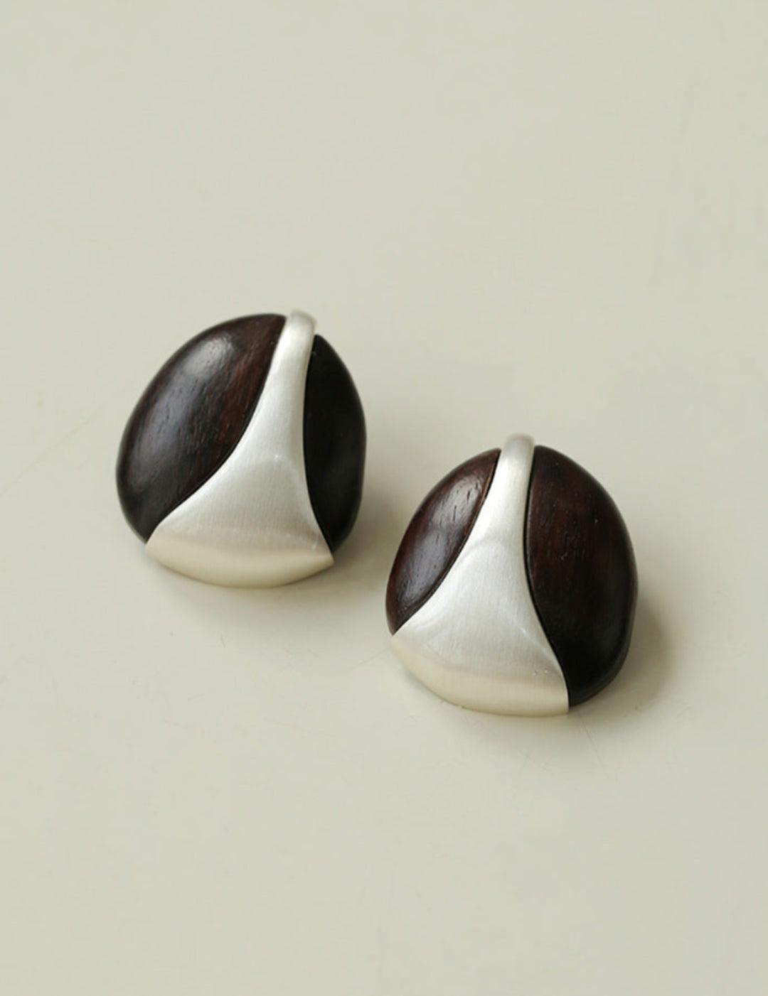 Sandalwood and Metal Brushed Stud Earrings - Gembea Jewelry