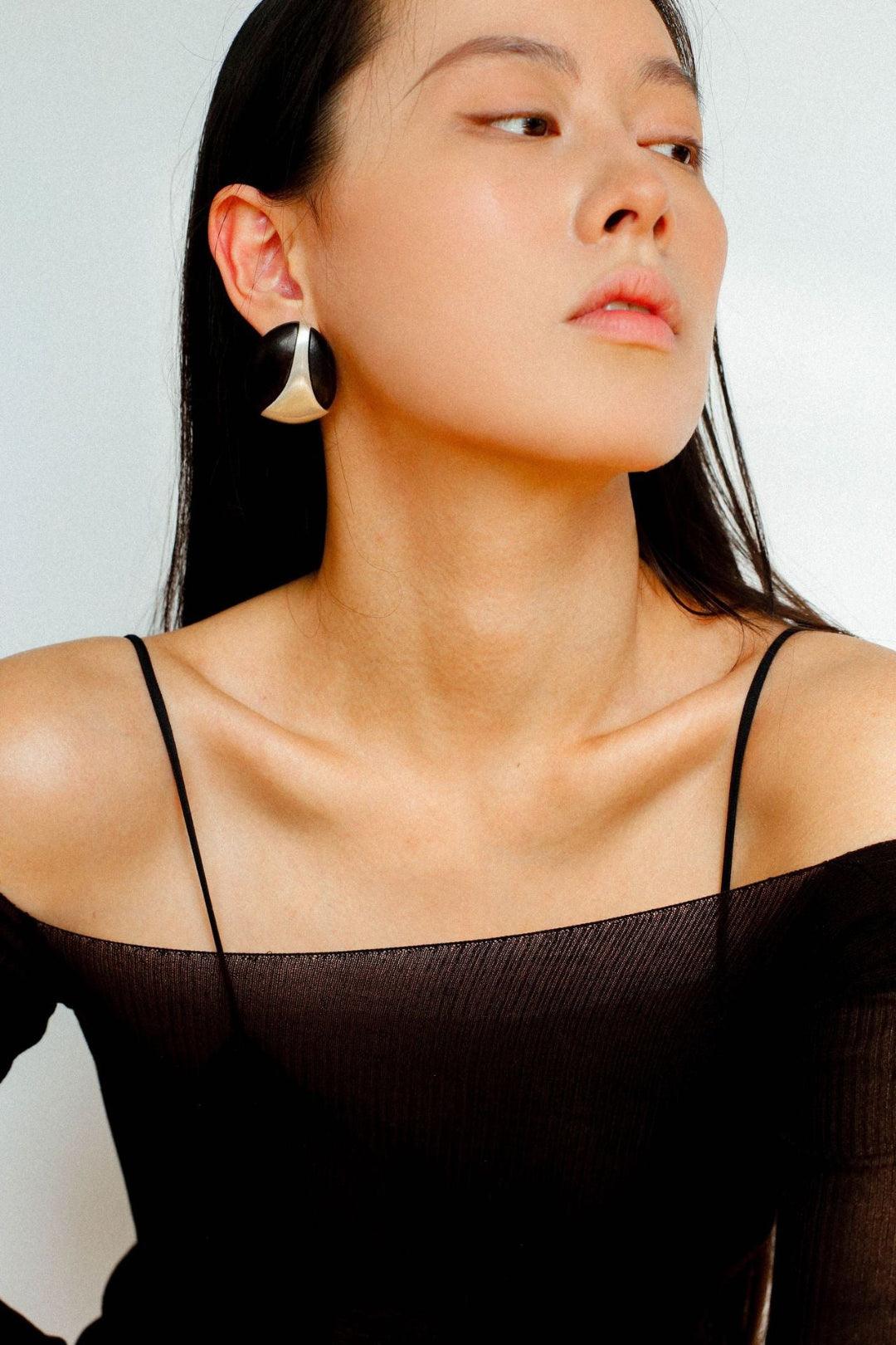 Sandalwood and Metal Brushed Stud Earrings - Gembea Jewelry