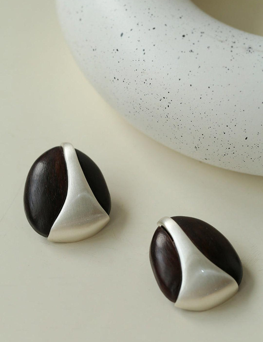 Sandalwood and Metal Brushed Stud Earrings - Gembea Jewelry