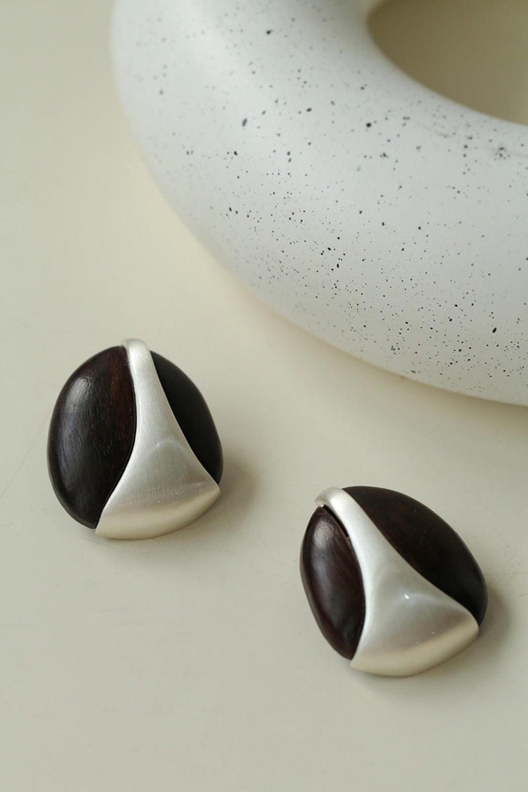 Sandalwood and Metal Brushed Stud Earrings - Gembea Jewelry