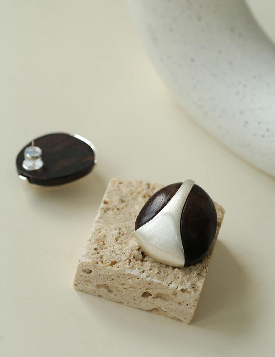 Sandalwood and Metal Brushed Stud Earrings - Gembea Jewelry