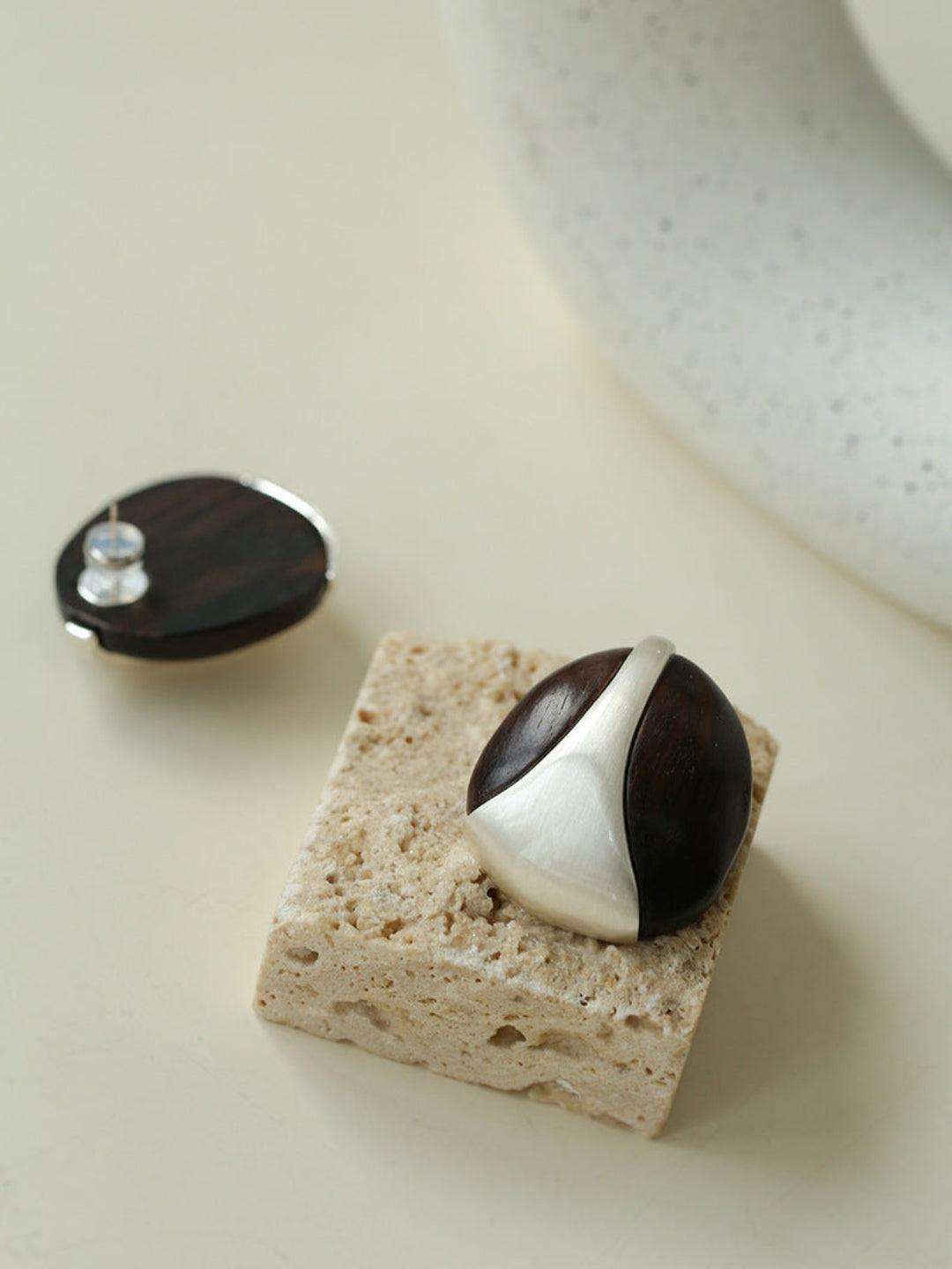 Sandalwood and Metal Brushed Stud Earrings - Gembea Jewelry