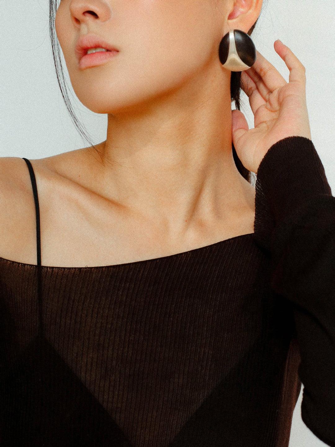 Sandalwood and Metal Brushed Stud Earrings - Gembea Jewelry