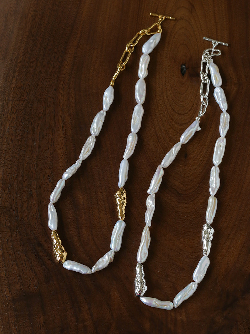 Sculpted Strand Baroque Pearl Necklace-Silver gembea jewelry