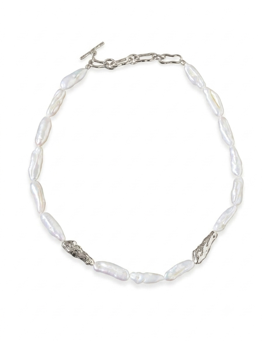Sculpted Strand Baroque Pearl Necklace-Silver gembea jewelry