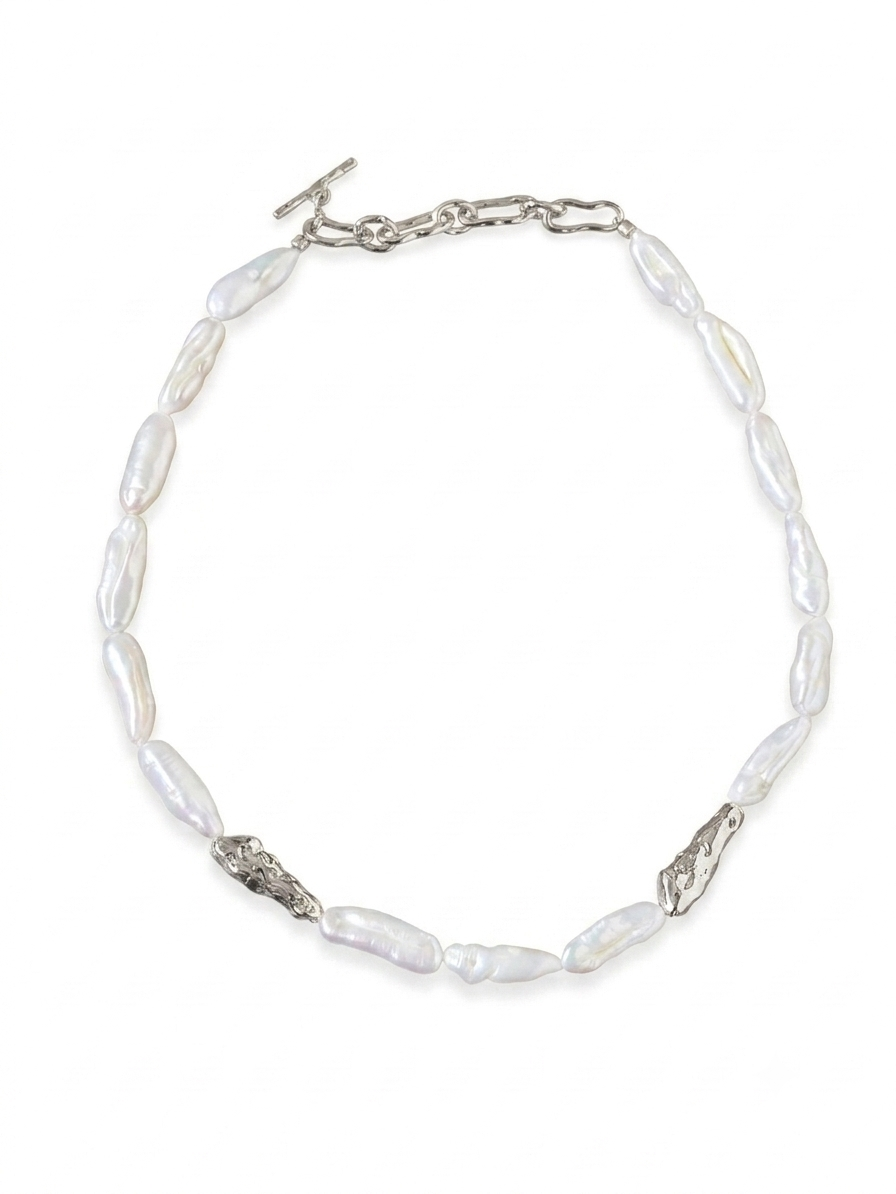 Sculpted Strand Baroque Pearl Necklace-Silver gembea jewelry