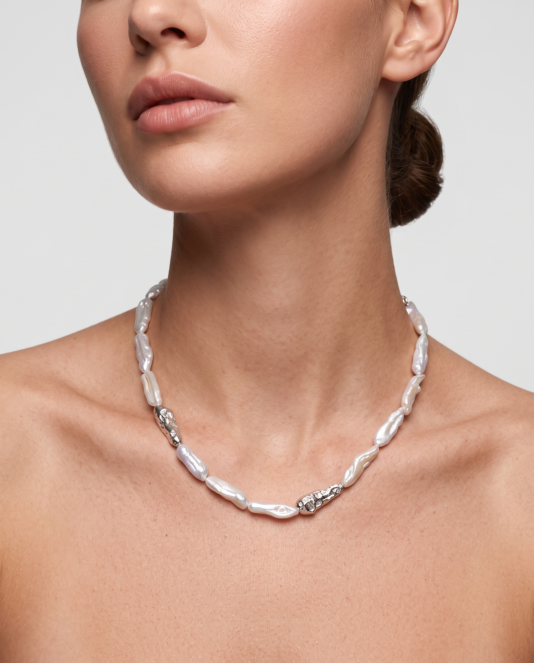 Sculpted Strand Baroque Pearl Necklace-Silver gembea jewelry
