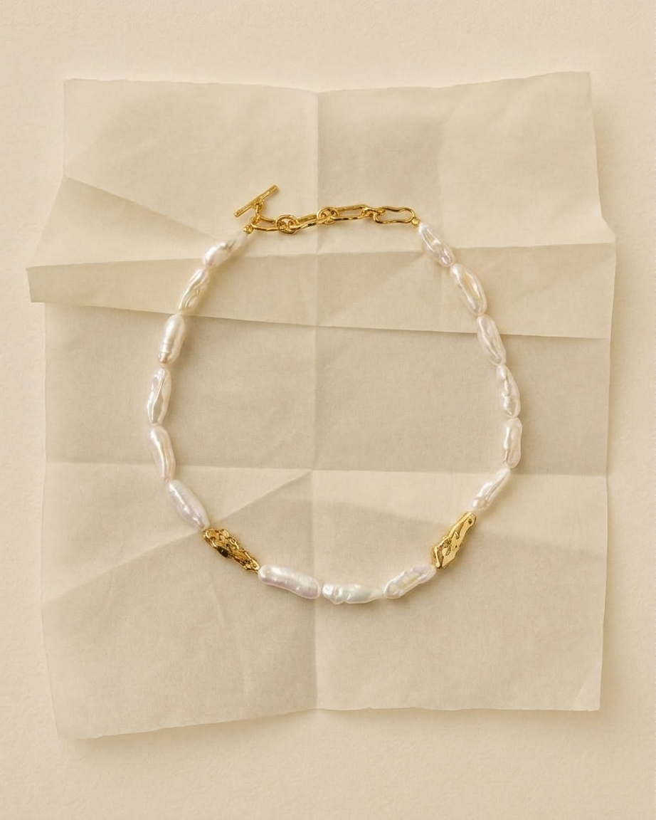 Sculpted Strand Baroque Pearl Necklace-Gold gembea jewelry