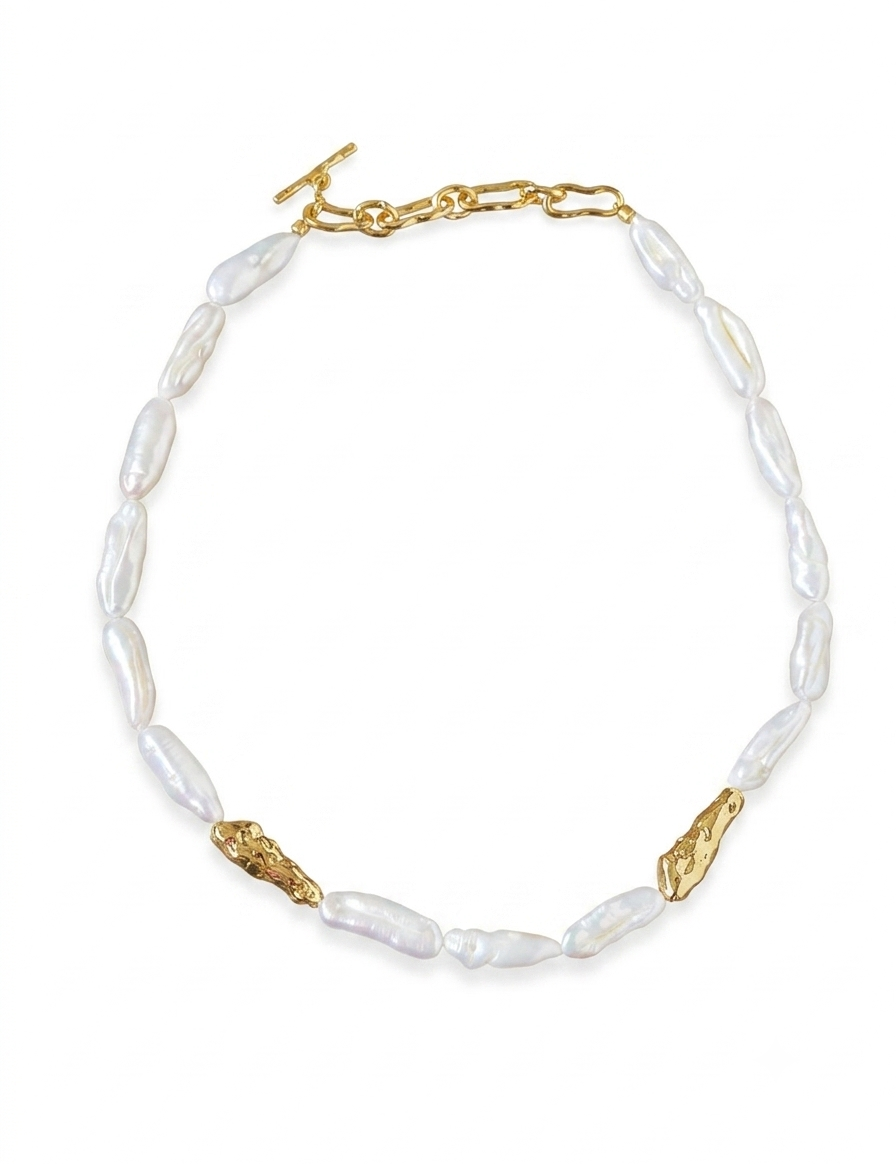 Sculpted Strand Baroque Pearl Necklace-Gold gembea jewelry
