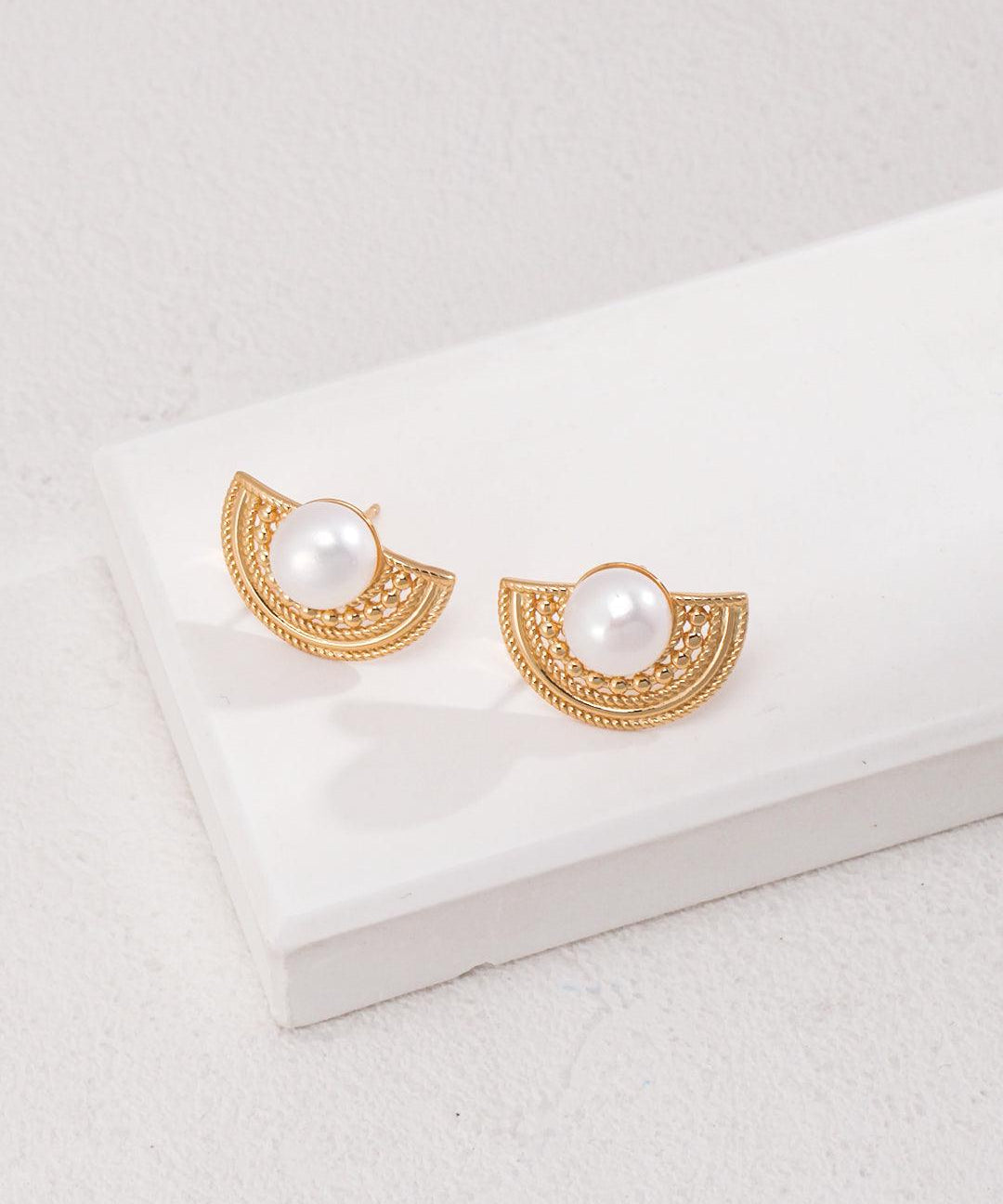 Semi-round Fan-shaped Pearl Stud Earrings - Gembea Jewelry