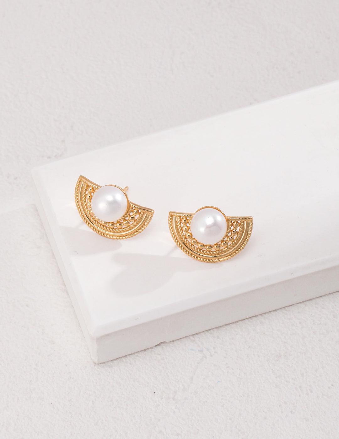 Semi-round Fan-shaped Pearl Stud Earrings - Gembea Jewelry
