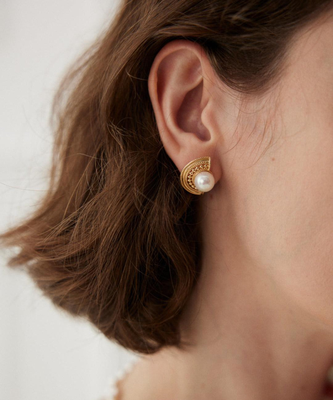 Semi-round Fan-shaped Pearl Stud Earrings - Gembea Jewelry