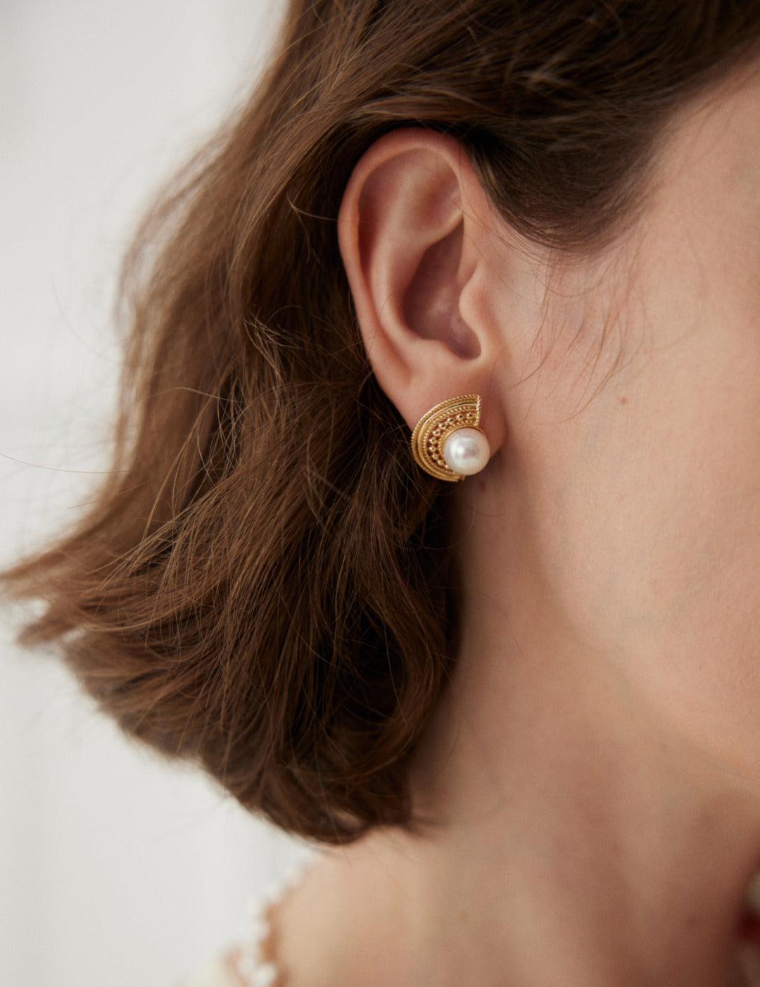 Semi-round Fan-shaped Pearl Stud Earrings - Gembea Jewelry
