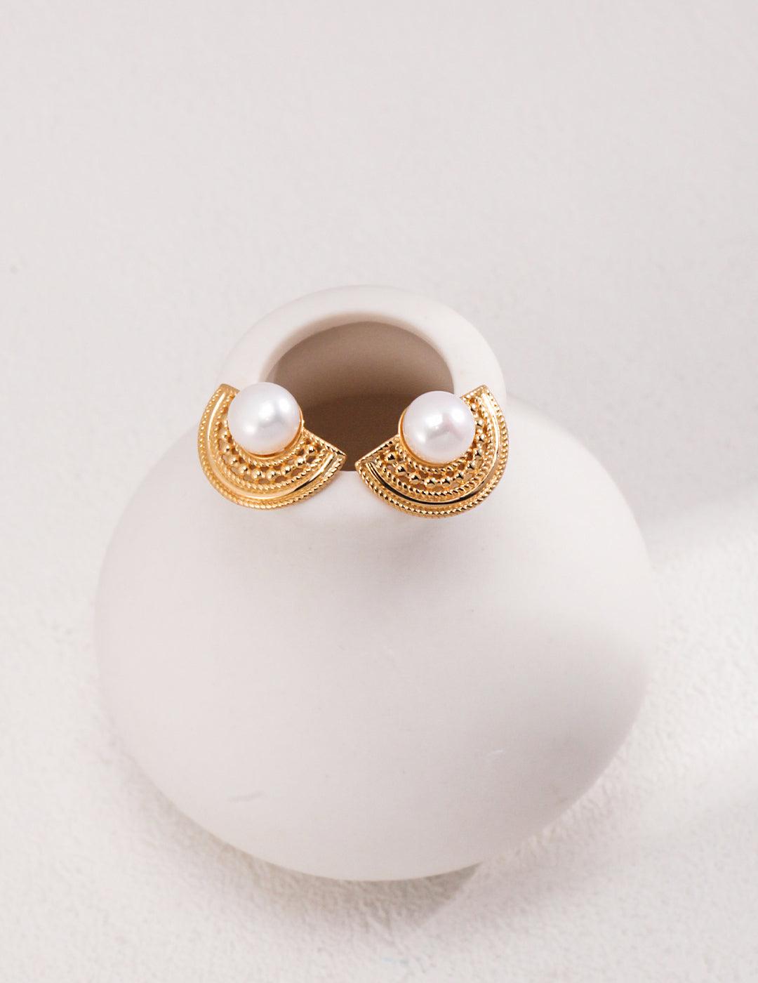 Semi-round Fan-shaped Pearl Stud Earrings - Gembea Jewelry