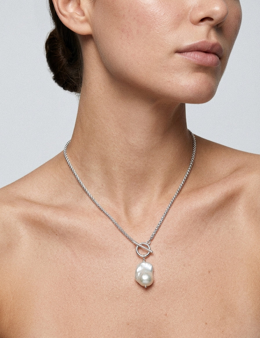 Silver Coast Chunky Chain Baroque Pearl Necklace gembea jewelry
