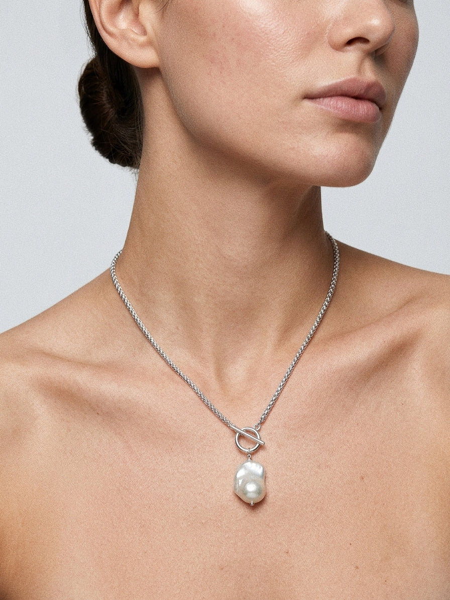 Silver Coast Chunky Chain Baroque Pearl Necklace gembea jewelry