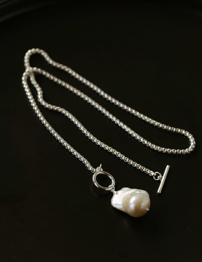 Silver Coast Chunky Chain Baroque Pearl Necklace gembea jewelry