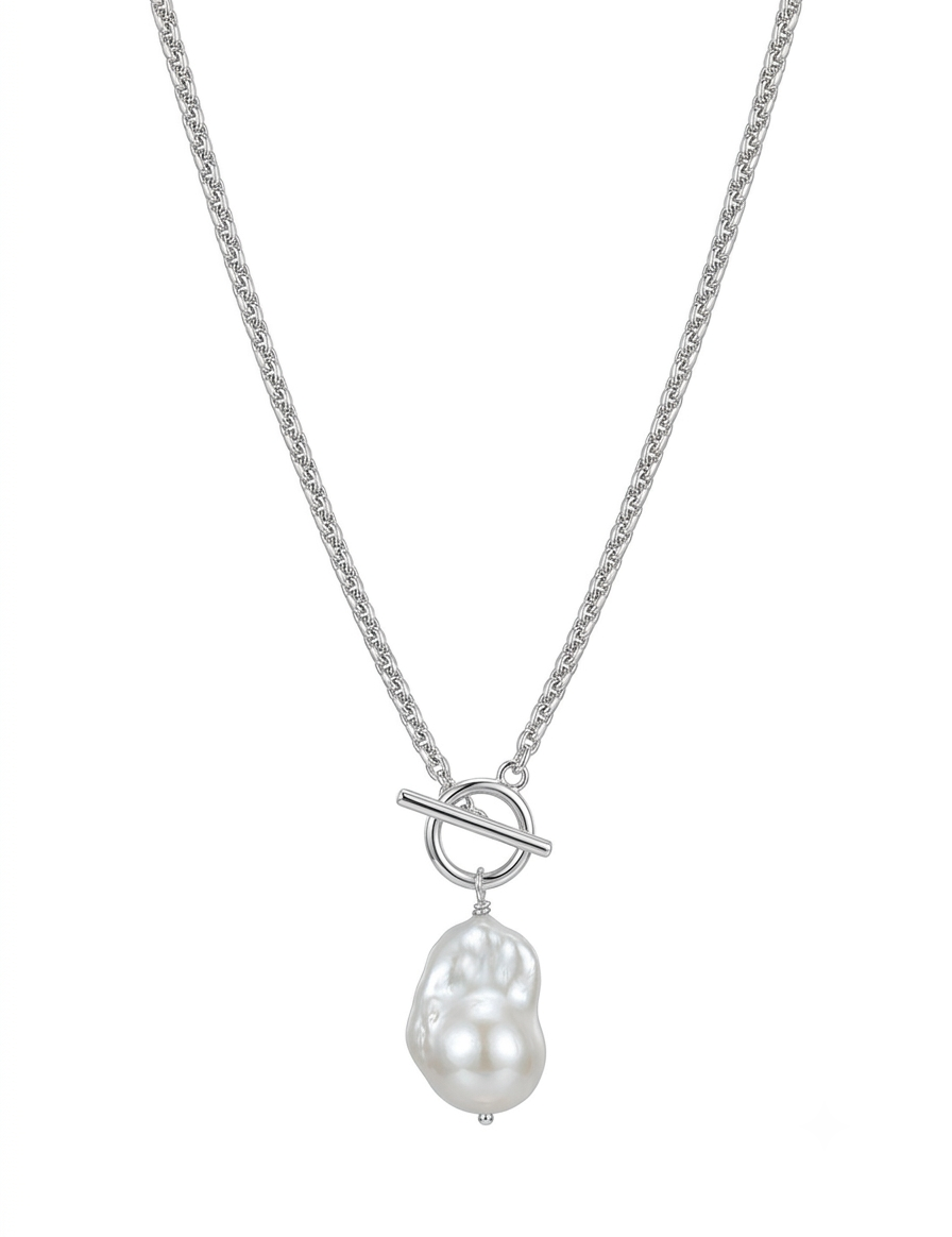 Silver Coast Chunky Chain Baroque Pearl Necklace gembea jewelry