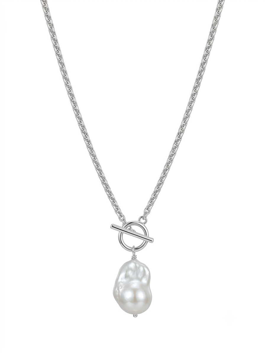 Silver Coast Chunky Chain Baroque Pearl Necklace gembea jewelry